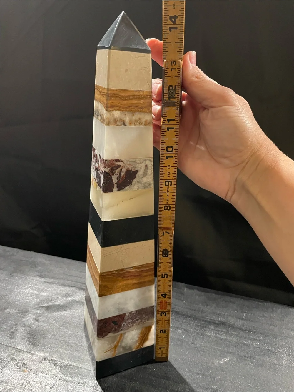 Striped Stone Obelisk Tower - Black, White, Brown & Cream massive. Multi stone